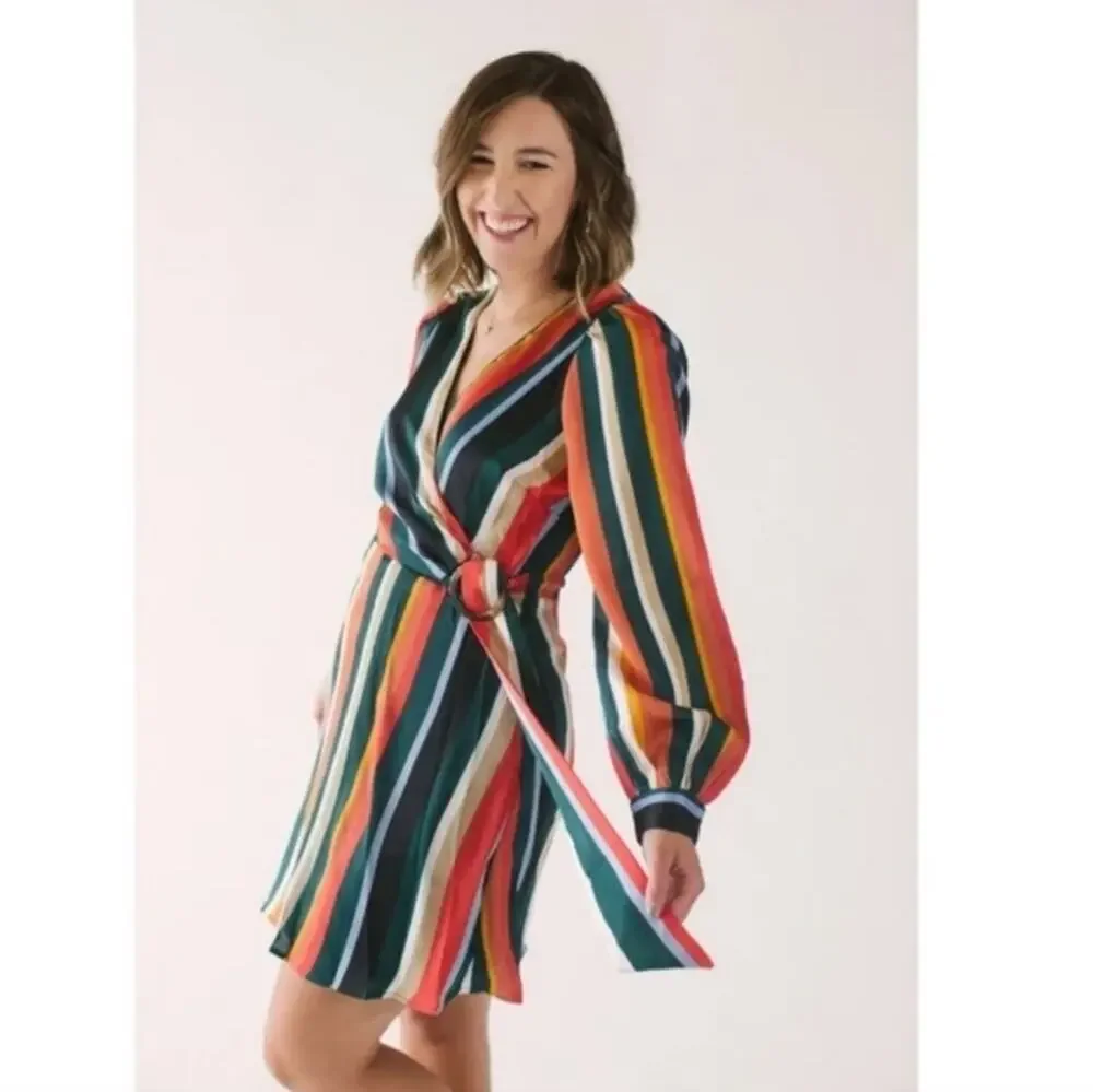 Lucy Paris Multicolor Striped Faux Wrap Mini Dress Sz S Long Sleeve #1222